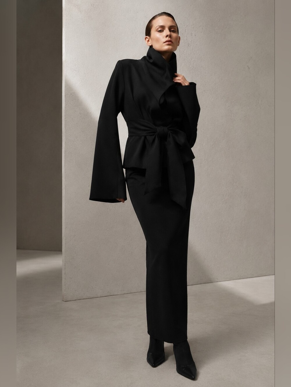 Theory Sheena Black Cinched-Waist High Collar Peplum Jacket M